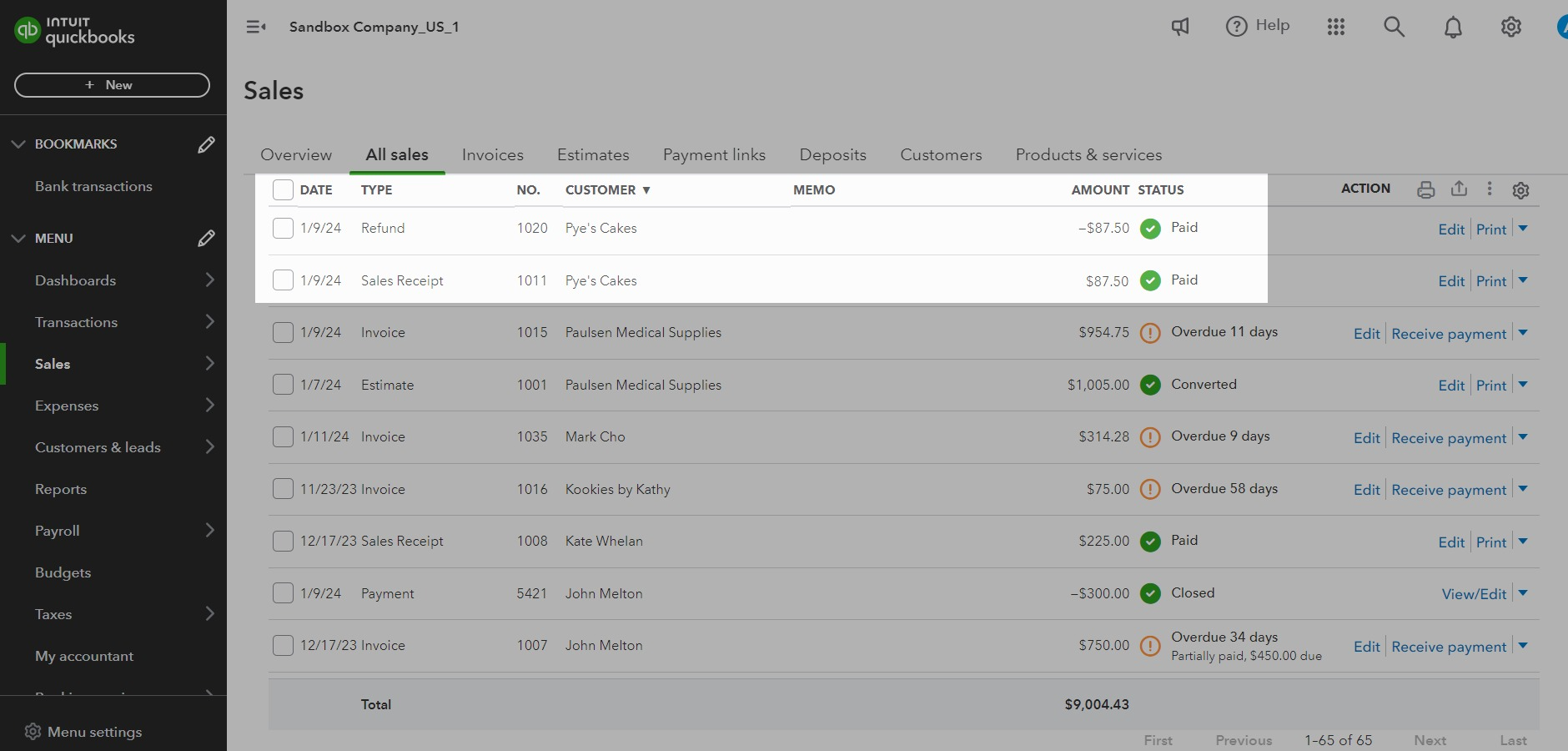 Shows how an Acodei-generated Refund Receipt is recorded in QuickBooks under All Sales